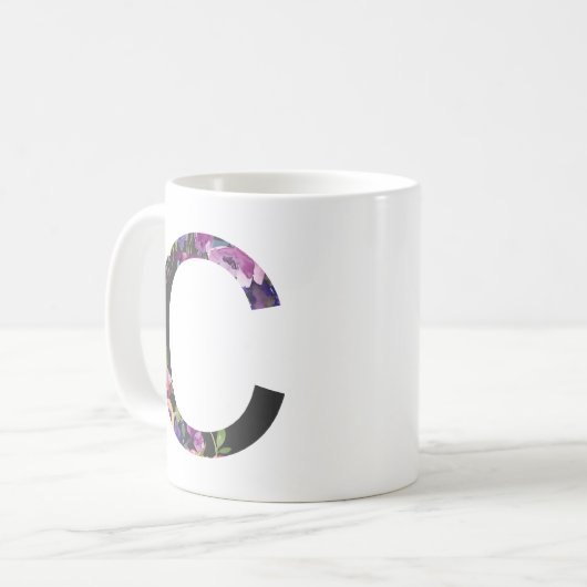Botanische violette Blüten Letter C Monogramm Kaffeetasse (Vorderseite Links)