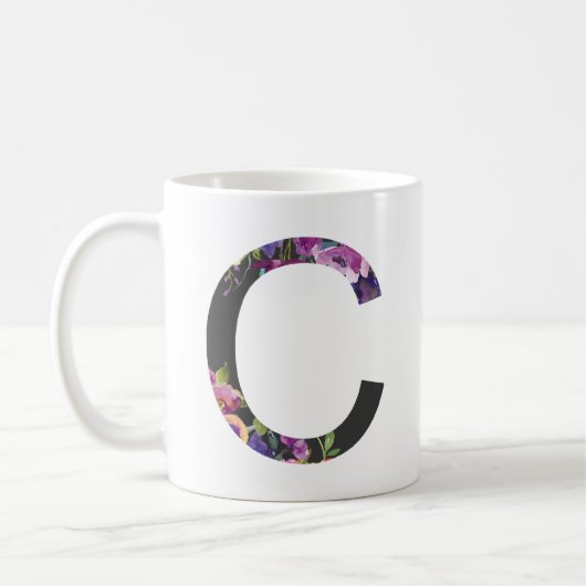 Botanische violette Blüten Letter C Monogramm Kaffeetasse (Links)