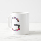 Botanische violette Blüten Letter G Monogramm Kaffeetasse (Vorderseite Links)