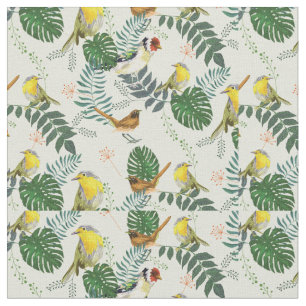 Botanische Vögel Grünes und gelbes Folientmuster Stoff