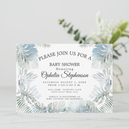 Botanische Wasserfarbe Blass Blauer Duschkopf Einladung (Stehend Vorderseite)