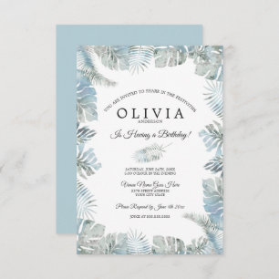 Botanische Wasserfarbe Blass Dusty Blauer Geburtst Einladung