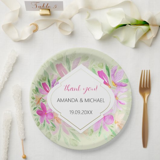 Botanische Wasserfarbe Boho Pink Lilac Floral Pappteller (Hochzeit)