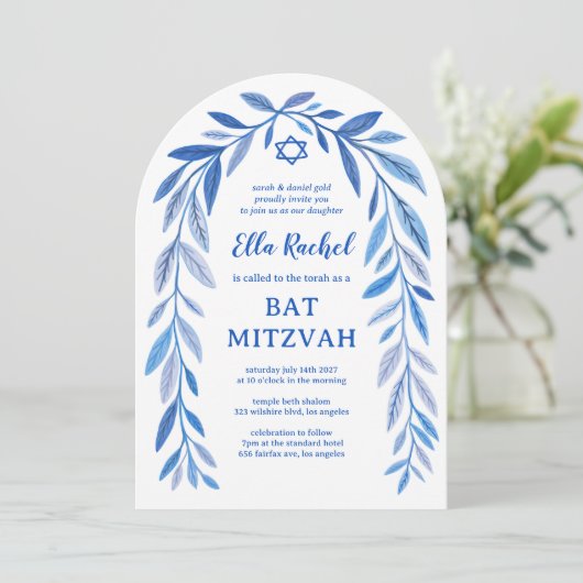 Botanische Wasserfarbe CUSTOM Bar Bat Mitzvah Arch Einladung (Stehend Vorderseite)