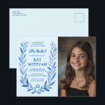 Botanische Wasserfarbe CUSTOM FOTO Bat Bar Mitzvah Postkarte<br><div class="desc">Perfekte Postkarte, um eine Fledermausmitzvah, Bar mitzvah oder andere jüdische Feier anzukündigen! Handgezeichnete, zarte Blättertramkunst für Sie! Vollständig anpassbar! Klicken Sie auf "Personalisieren" oben, um den Text zu bearbeiten, fügen Sie Ihr Foto. Klicken Sie auf "Bearbeiten mit dem Designwerkzeug", um die Schriftart, Farben und Einstellungen anzupassen. Auch als Karten und...</div>
