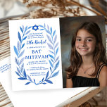 Botanische Wasserfarbe CUSTOM FOTO Bat Bar Mitzvah Postkarte<br><div class="desc">Perfekte Postkarte, um eine Fledermausmitzvah, Bar mitzvah oder andere jüdische Feier anzukündigen! Handgezeichnete, zarte Blättertramkunst für Sie! Vollständig anpassbar! Klicken Sie oben auf "Personalisieren", um den Text zu bearbeiten, Ihr Foto hinzuzufügen und die Rücksendeadresse auf der Rückseite zu bearbeiten. Klicken Sie auf "Bearbeiten mit dem Designwerkzeug", um die Schriftart, Farben...</div>