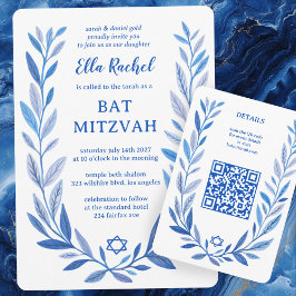 Botanische Wasserfarbe CUSTOM QR Bar Bat Mitzvah Begleitkarte
