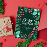 Botanische Wasserfarbe Frohe Weihnachten Dunkelgrü<br><div class="desc">Diese Karte verfügt über handgemalte botanische Blattfarbe,  die einen Kranz bildet,  um Ihre Nachricht in einem dunkelgrünen Hintergrund darzustellen. Auf der Rückseite der Karte ist ein Muster von Heiligen,  Kiefer,  Beeren und mehr in Aquarell gemalt. Anpassen des Texts Sehen Sie sich die komplette passende Kollektion an!</div>