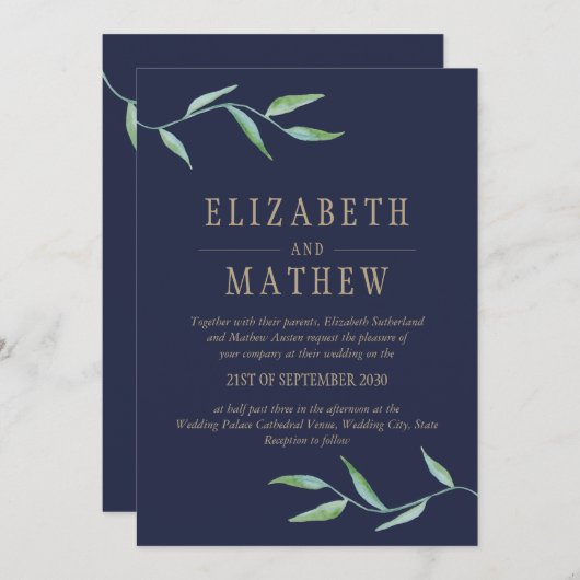 Botanische Wasserfarbe Hochzeit der Marine Einladung (Vorne/Hinten)