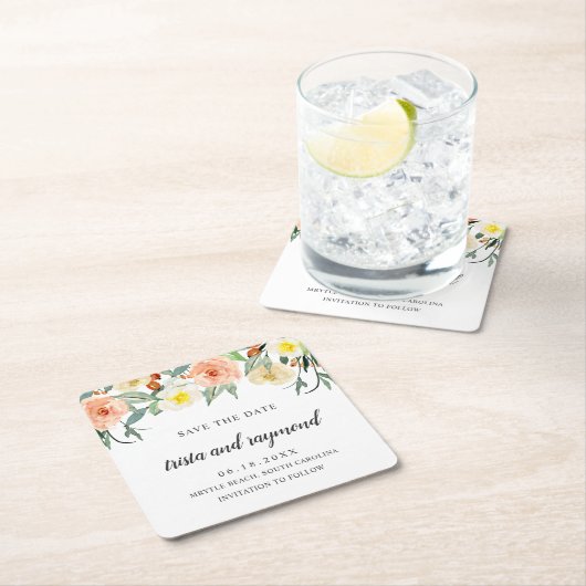 Botanische Wasserfarbe Peach Floral Save the Date Rechteckiger Pappuntersetzer (Vor Ort)