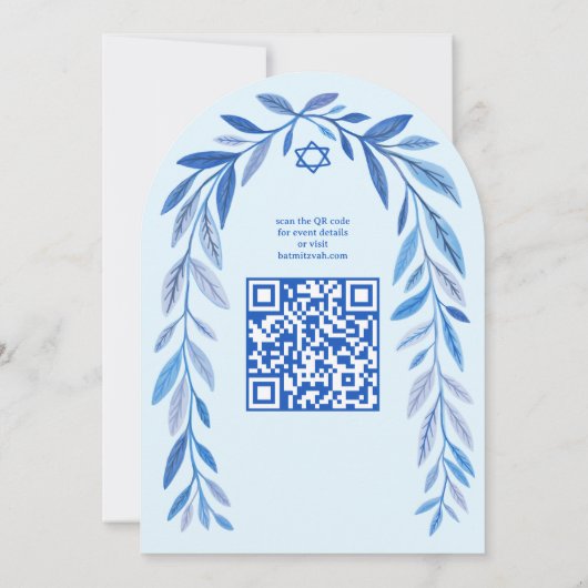 Botanische Wasserfarbe QR Code Bar Bat Mitzvah Arc Einladung (Rückseite)