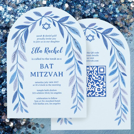 Botanische Wasserfarbe QR Code Bar Bat Mitzvah Arc Einladung
