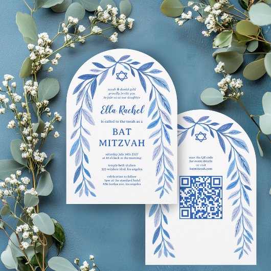 Botanische Wasserfarbe QR Code Bar Bat Mitzvah Arc Einladung