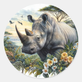 Botanische Wasserfarbe Rhino Runder Aufkleber