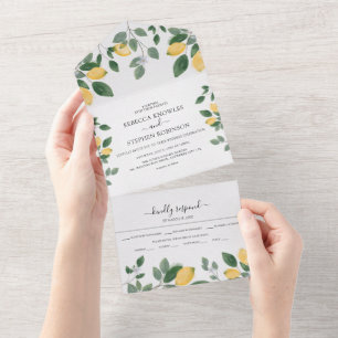 Botanische Wasserfarben Lemon & Greenery Hochzeit All In One Einladung