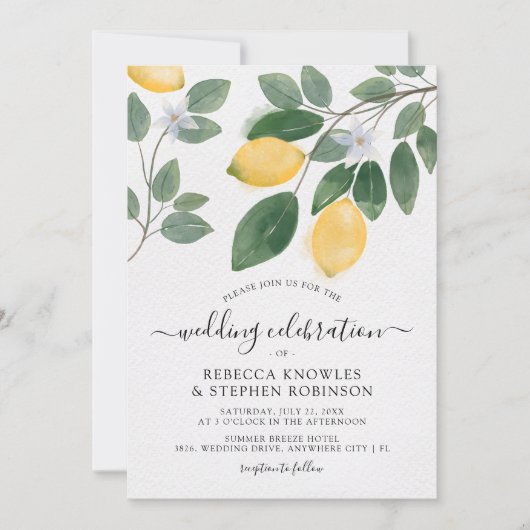 Botanische Wasserfarben Lemon & Greenery Hochzeit Einladung (Vorderseite)
