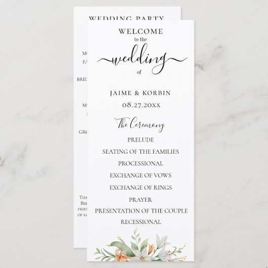 Botanische Wasserfarbenblütenhochzeit Programm (Vorne/Hinten)