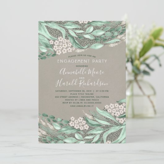 Botanische Watercolor Grüne Engagement Party Einladung (Stehend Vorderseite)
