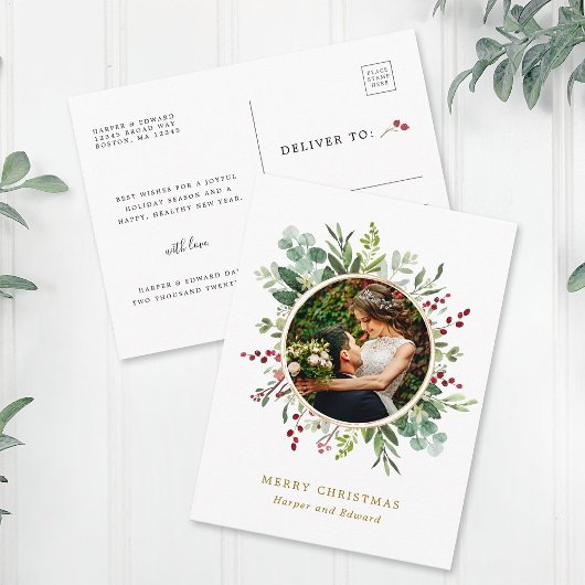 Botanische Weihnachtszeit Gold Script Foto Holiday Postkarte