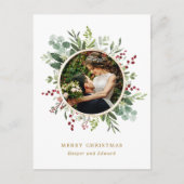 Botanische Weihnachtszeit Gold Script Foto Holiday Postkarte (Vorderseite)