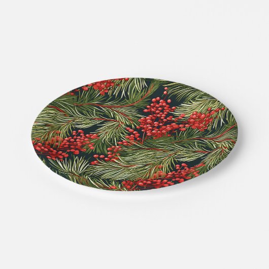 Botanische Weihnachtszweige und Berries Pappteller (Schrägansicht)