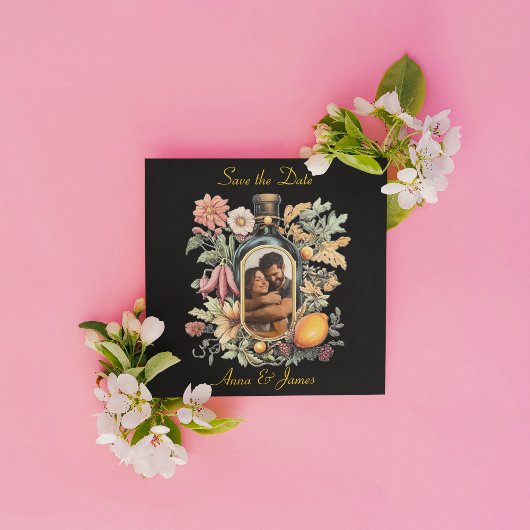 Botanische Weinflasche, Save the Date Feiertagskarte