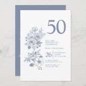 Botanische Wildblume Dusty Blue 50. Geburtstag Einladung (Vorne/Hinten)