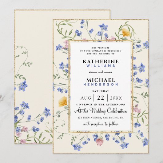 Botanische Wildblume und QR Code Hochzeit Einladung (Vorne/Hinten)
