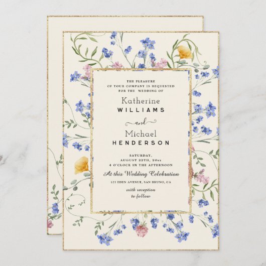 Botanische Wildblume und QR Code Hochzeit Einladung (Vorne/Hinten)