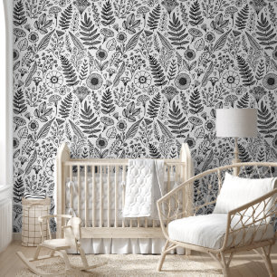 Botanische Wildblume Wiese Schwarz-weiß Paintable Tapete