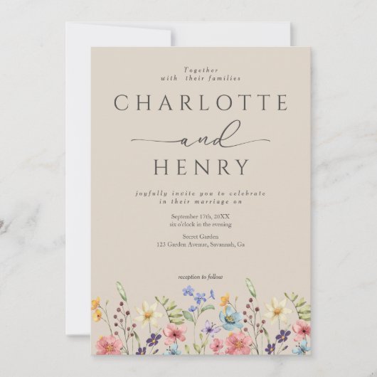Botanische Wildblumen Einfache Gartenhochzeit Einladung (Vorderseite)
