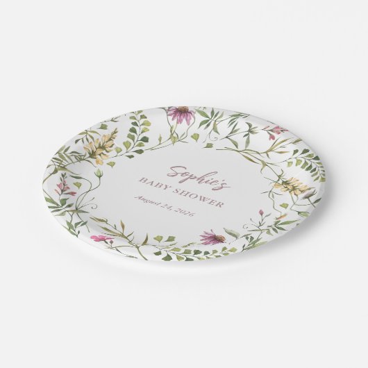 Botanische Wildblumen | Elegante Babydusche Pappteller (Schrägansicht)