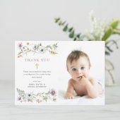 Botanische Wildblumen | Elegantes Taufhaus-Foto Dankeskarte (Stehend Vorderseite)