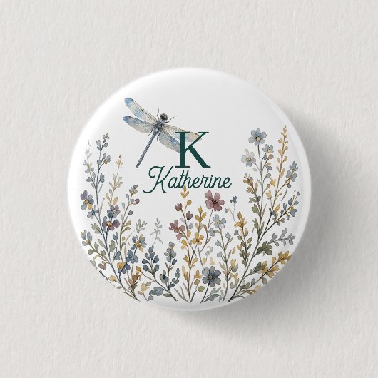Botanische Wildblumen-Libelle-Monogramm-Canvas-Tas Button (Vorderseite)
