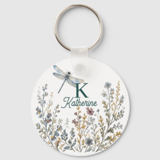 Botanische Wildblumen-Libelle-Monogramm-Leinwand-T Schlüsselanhänger
