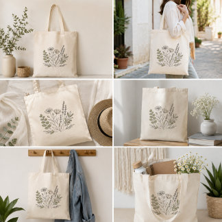 Botanische Wildblumen-Linienkunst Tragetasche