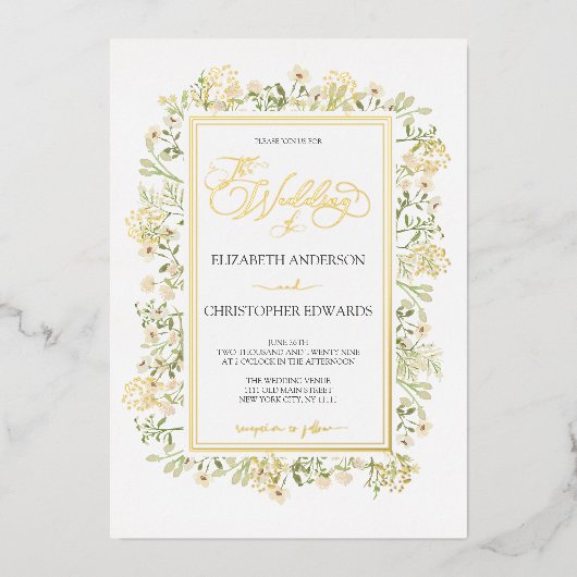 Botanische Wildblumen mit weißer Blüte Hochzeit Folieneinladung (Vorderseite)