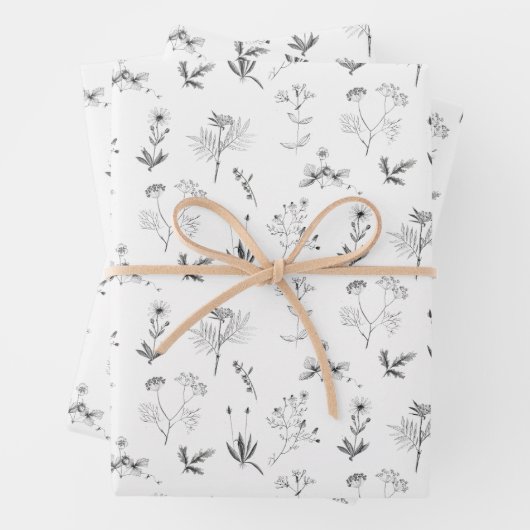 Botanische Wildblumen-Muster für Schwarz-Weiß-Kräu Geschenkpapier Set (Beispiel)