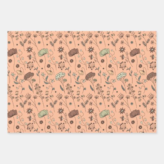 Botanische Wildblumen Peach Fuzz & Olive Green Geschenkpapier Set (Vorderseite)