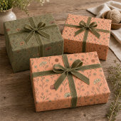 Botanische Wildblumen Peach Fuzz & Olive Green Geschenkpapier Set