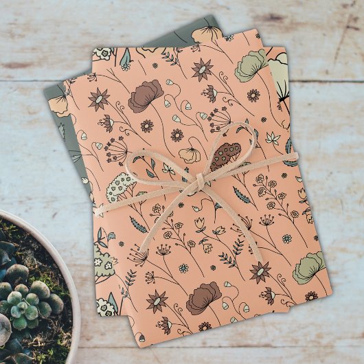 Botanische Wildblumen Peach Fuzz & Olive Green Geschenkpapier Set