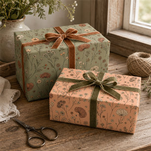 Botanische Wildblumen Pfirsich & Salbei Grün Geschenkpapier Set