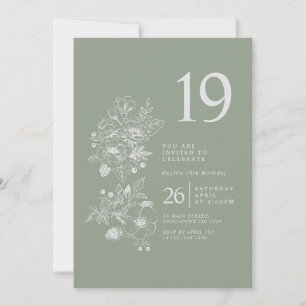 Botanische Wildblumen-Salbei-Grün 19. Geburtstag Einladung