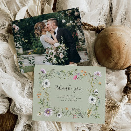 Botanische Wildblumen | Soft Green Wedding Foto Dankeskarte