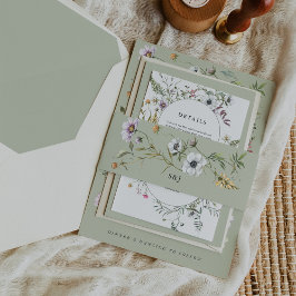 Botanische Wildblumen weiche grüne Monogramm Hochz Einladungsbanderole