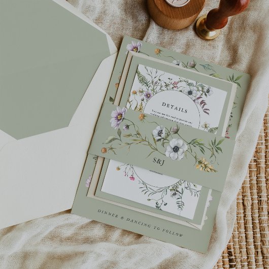 Botanische Wildblumen weiche grüne Monogramm Hochz Einladungsbanderole