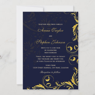 Botanische Wirbel der Marine, elegant, Gold Floral Einladung