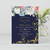 Botanische Wirbel von Navy Blue Blue Blue Pink Einladung (Stehend Vorderseite)