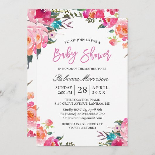 Botanische Wraath-Babydusche mit Wasserfarbe Einladung (Vorne/Hinten)