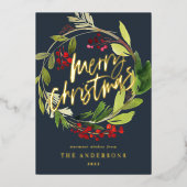 Botanische Wreathnavy Holiday Folien Feiertagskarte (Vorderseite)